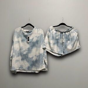 Romantichut  Two Piece Blue Tie-Dye Long Sleeve Top and Pocket Shorts